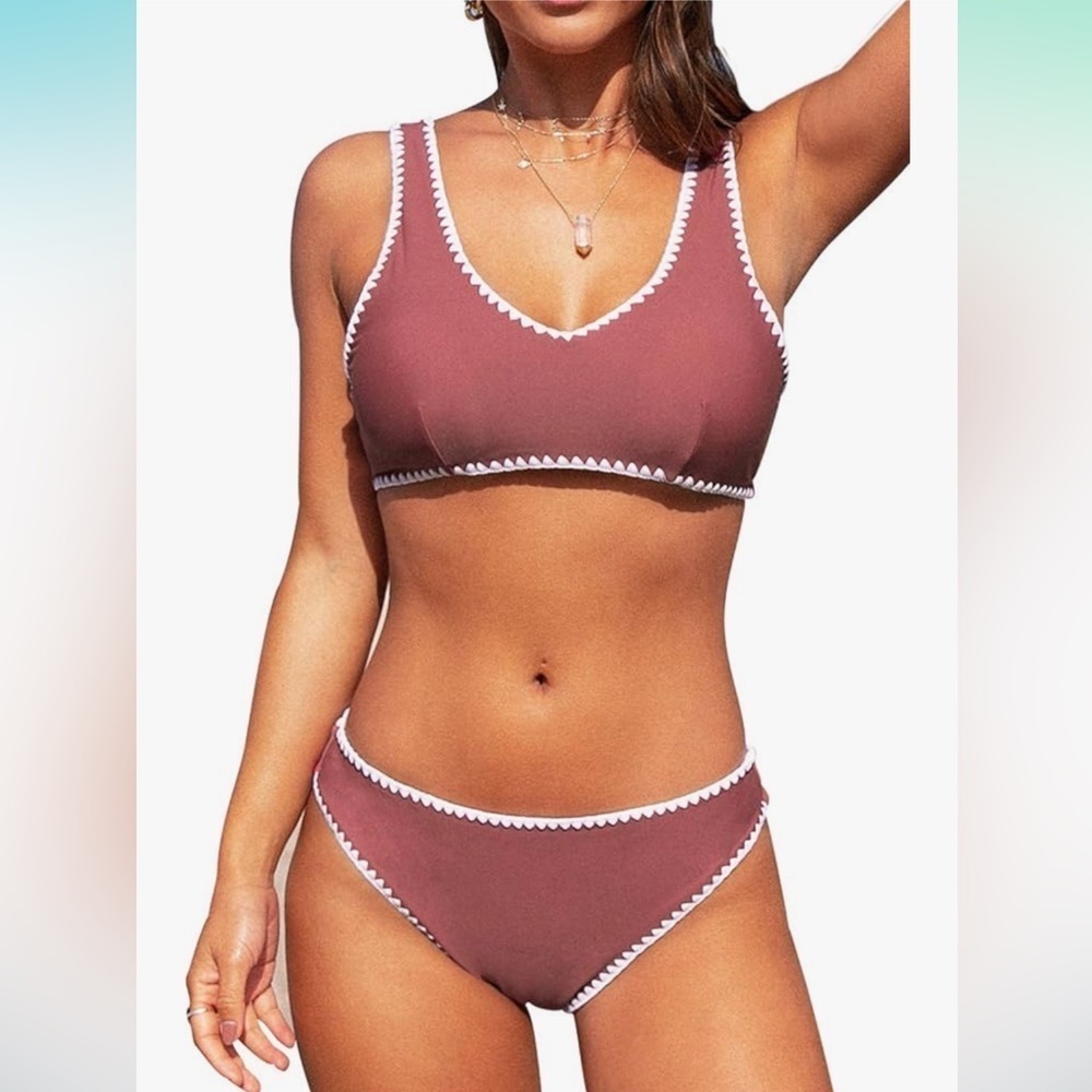 Cupshe Rust Red And White Crochet Bikini Set Size Large NWT